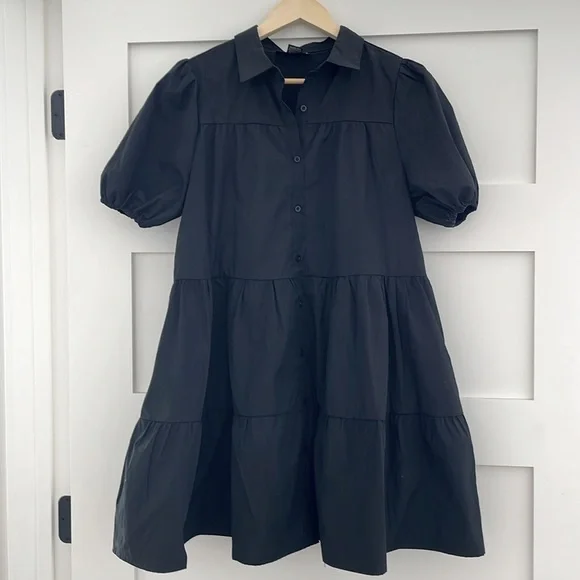 Puff sleeve black tiered mini dress size M - Picture 5 of 5